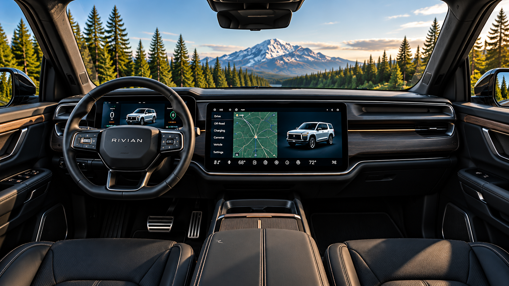 Black interior front cabin and dashboard